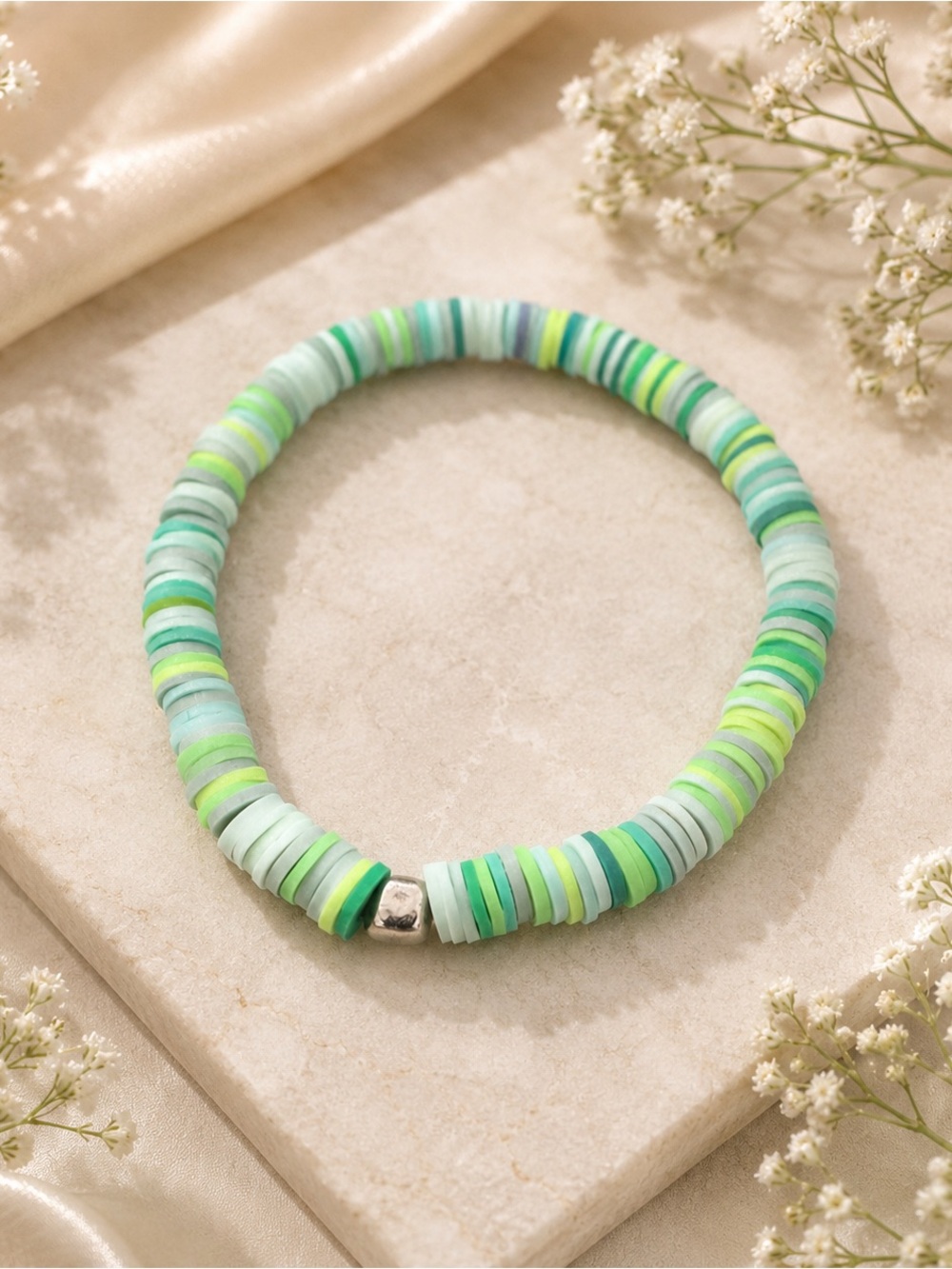 Handmade Green Layered Heishi Bead Stretch Bracelet
